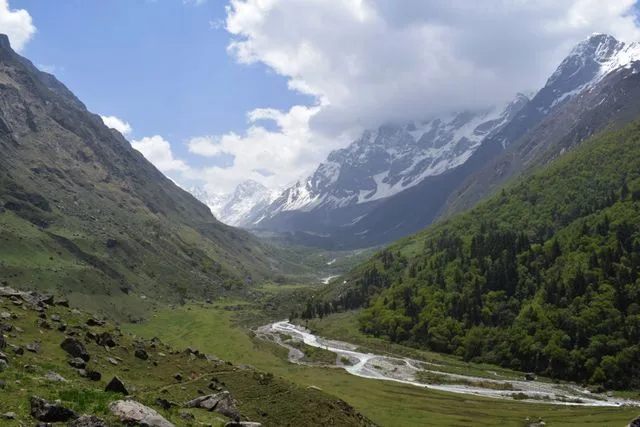 Stunning Himalayan valley with lush green meadows and snow-capped peaks.